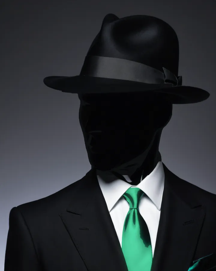Agent 01, DWA's AI partner: a faceless figure in a black suit, fedora and green tie. An AI-generated character, not a person.
