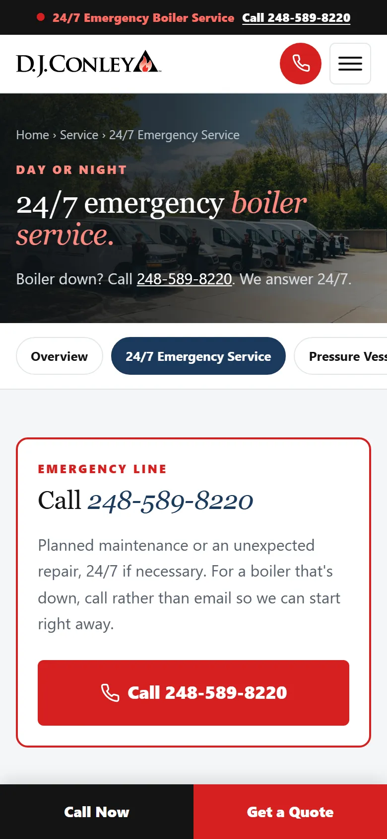 The new Emergency page from the private preview, on a phone, with the call button and the Call and Quote bar.