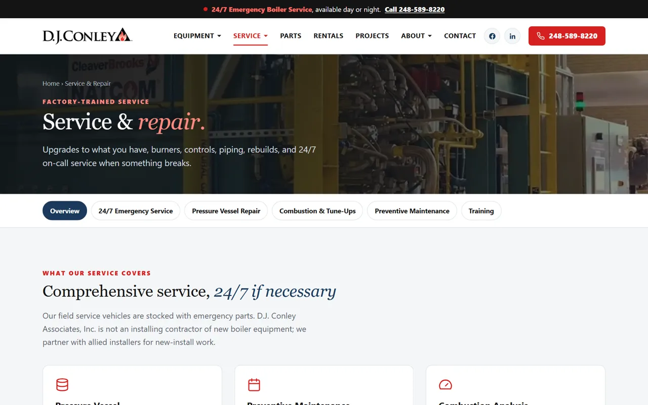 The new Service and Repair page from the private preview, on desktop: sections for emergency service, pressure vessel repair, combustion tune-ups, preventive maintenance and training.