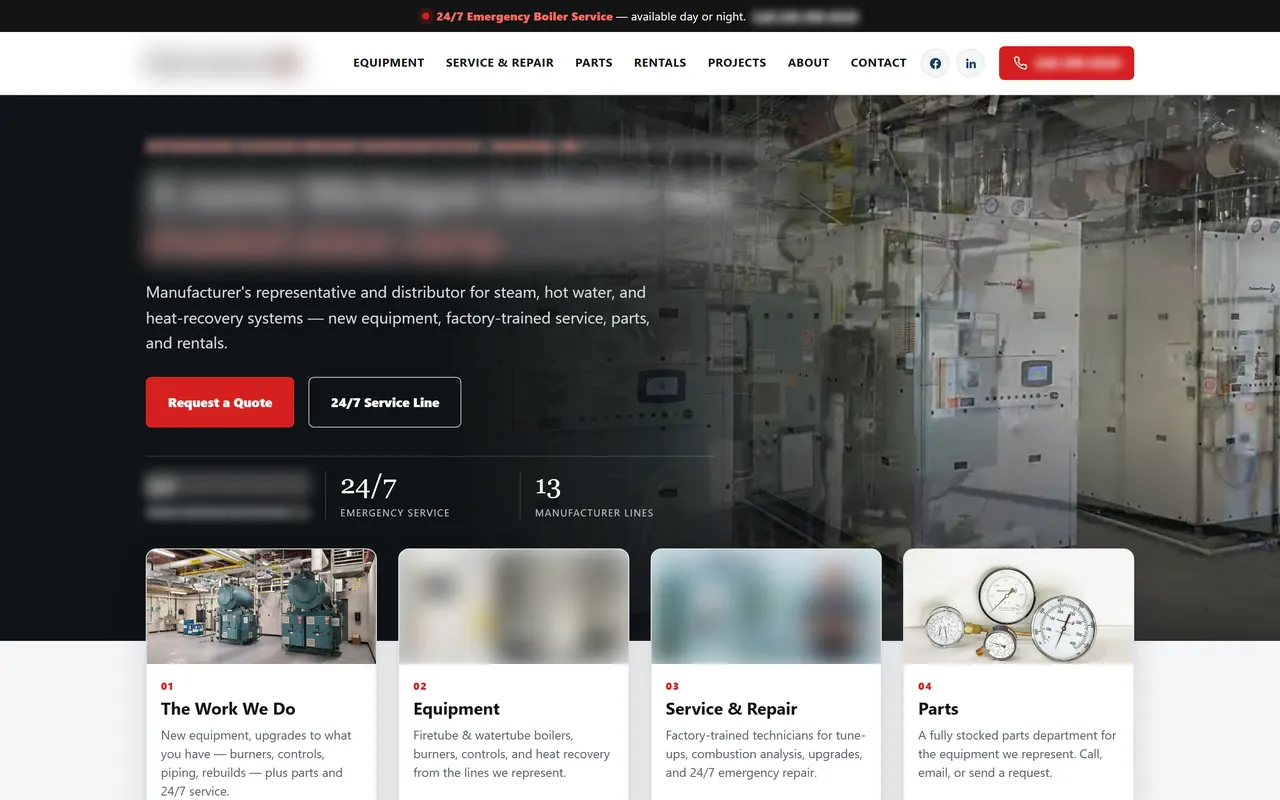 Homepage of a recent website build for an industrial boiler company: Request a Quote and 24/7 Service Line buttons over a boiler-room photo, with service cards below. Company name and logo blurred.