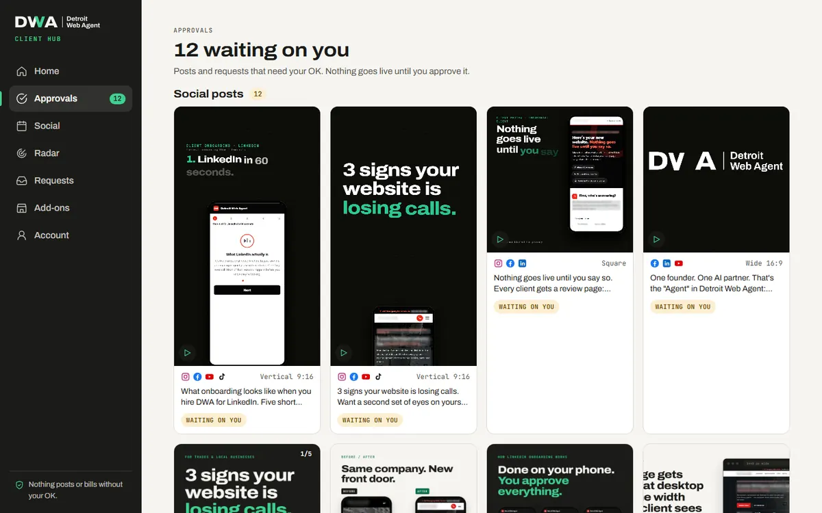 The Client Hub Approvals tab on desktop, with drafted posts waiting for approval.