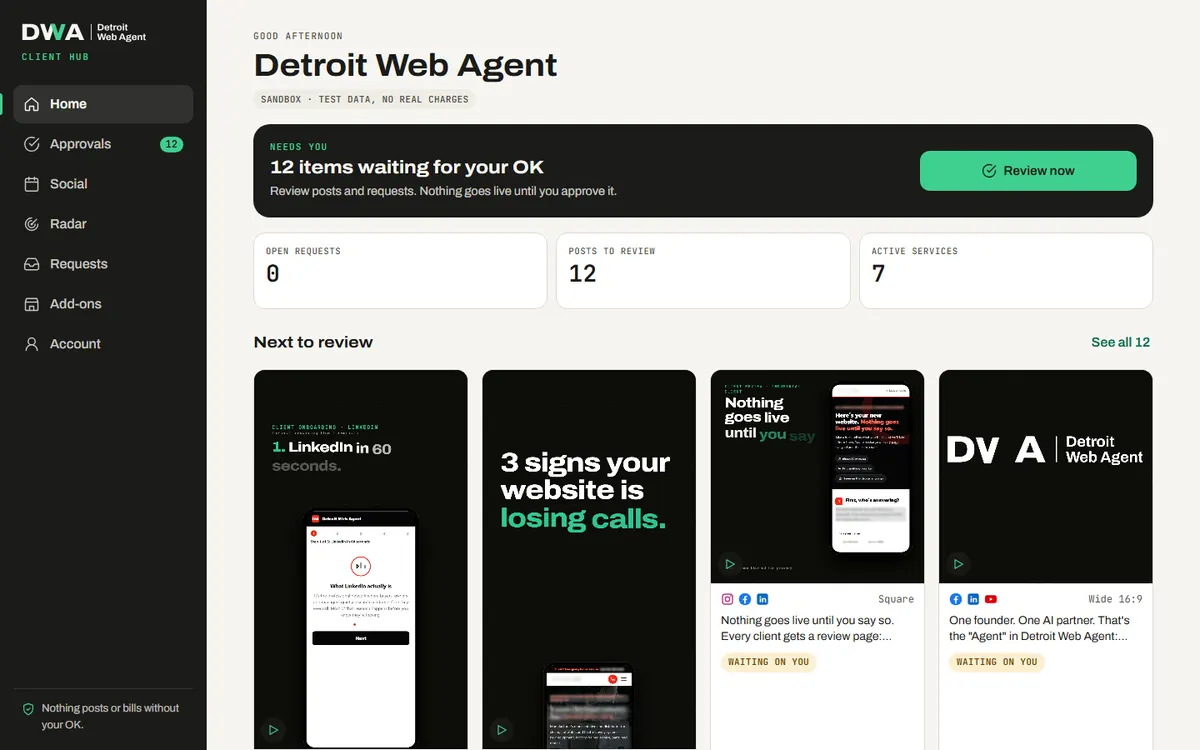 The Client Hub Home tab on desktop — a real screen from the product.
