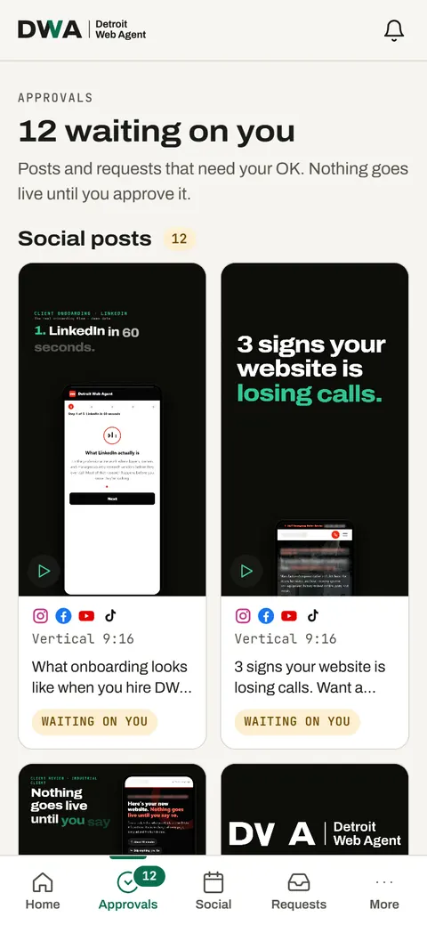 The Client Hub Approvals tab on a phone: 12 posts waiting for the client's OK.