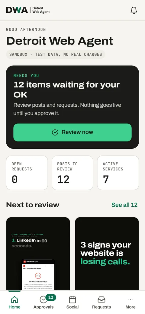 The Client Hub Home tab on a phone — a real screen from the product.