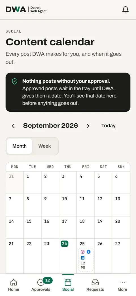 The Client Hub content calendar on a phone, month view.