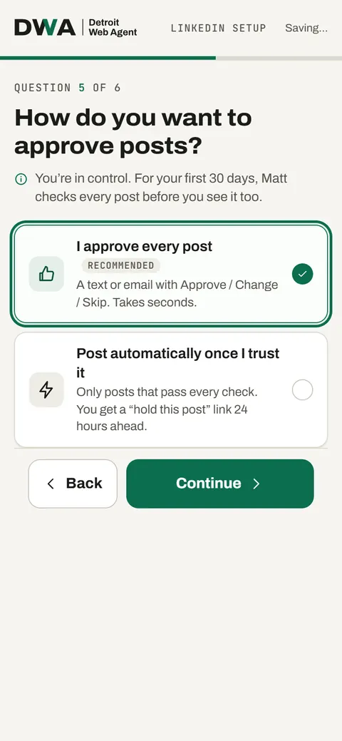 LinkedIn onboarding question: how do you want to approve posts?