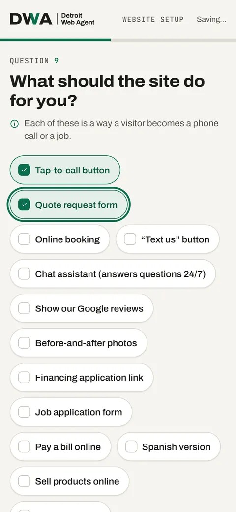 Website onboarding: what should the site do for you? A list of options to tap.