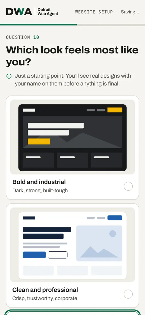 Website onboarding: which look feels most like you? Four style options to tap.