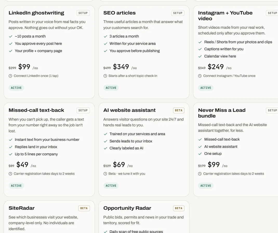 The Add-ons screen: cards for LinkedIn ghostwriting, SEO articles, Instagram and YouTube video, missed-call text-back, AI website assistant, Never Miss a Lead, SiteRadar and Opportunity Radar, each with a price.