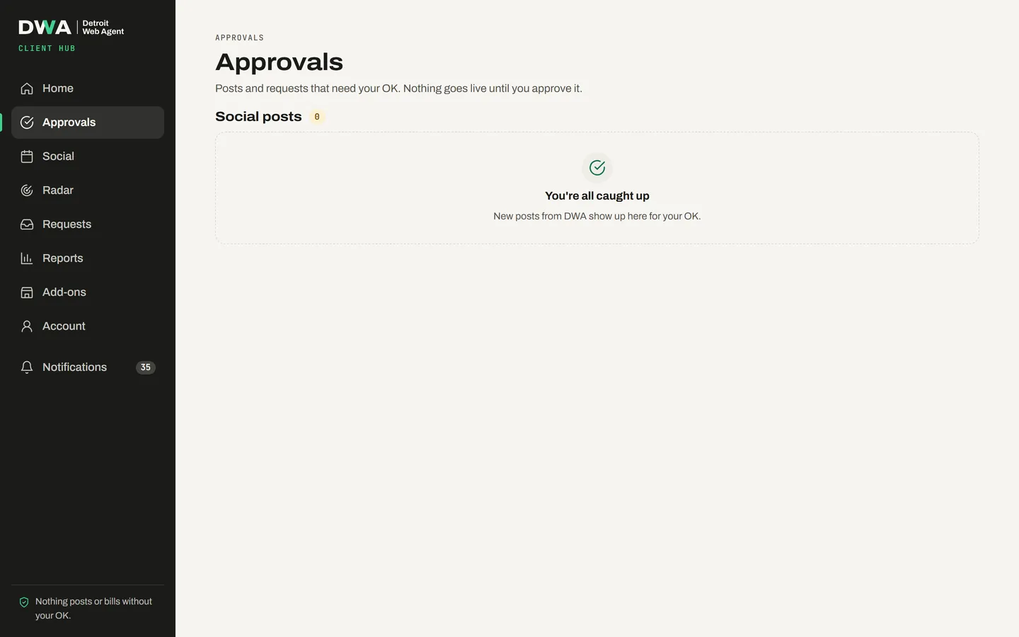 The Approvals screen on desktop: 'Posts and requests that need your OK. Nothing goes live until you approve it.'