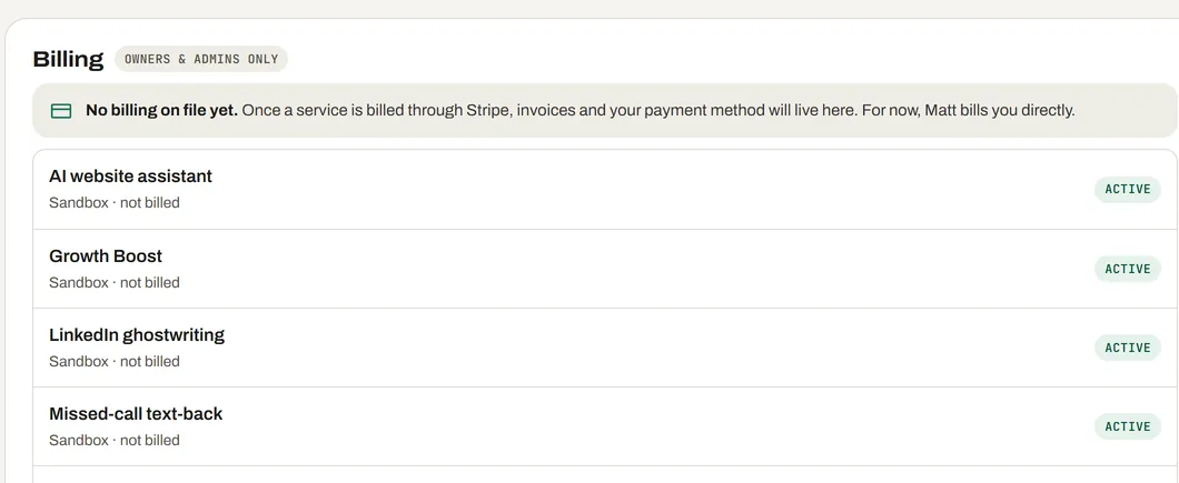 The Billing panel: a note that no billing is on file yet, and a list of active services.