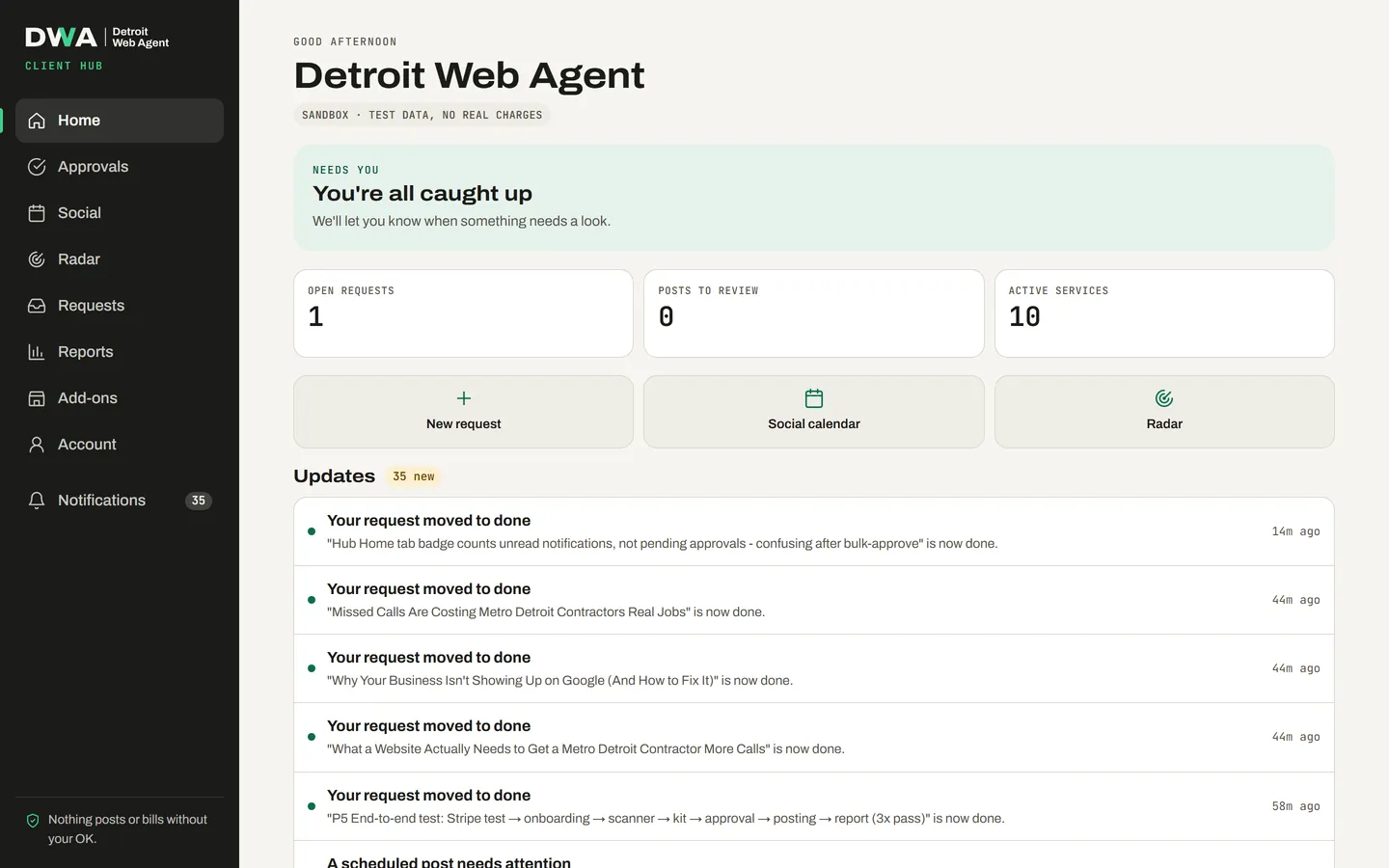 Client Hub home on desktop with the left menu, a 'You're all caught up' card, three counters and an updates list.