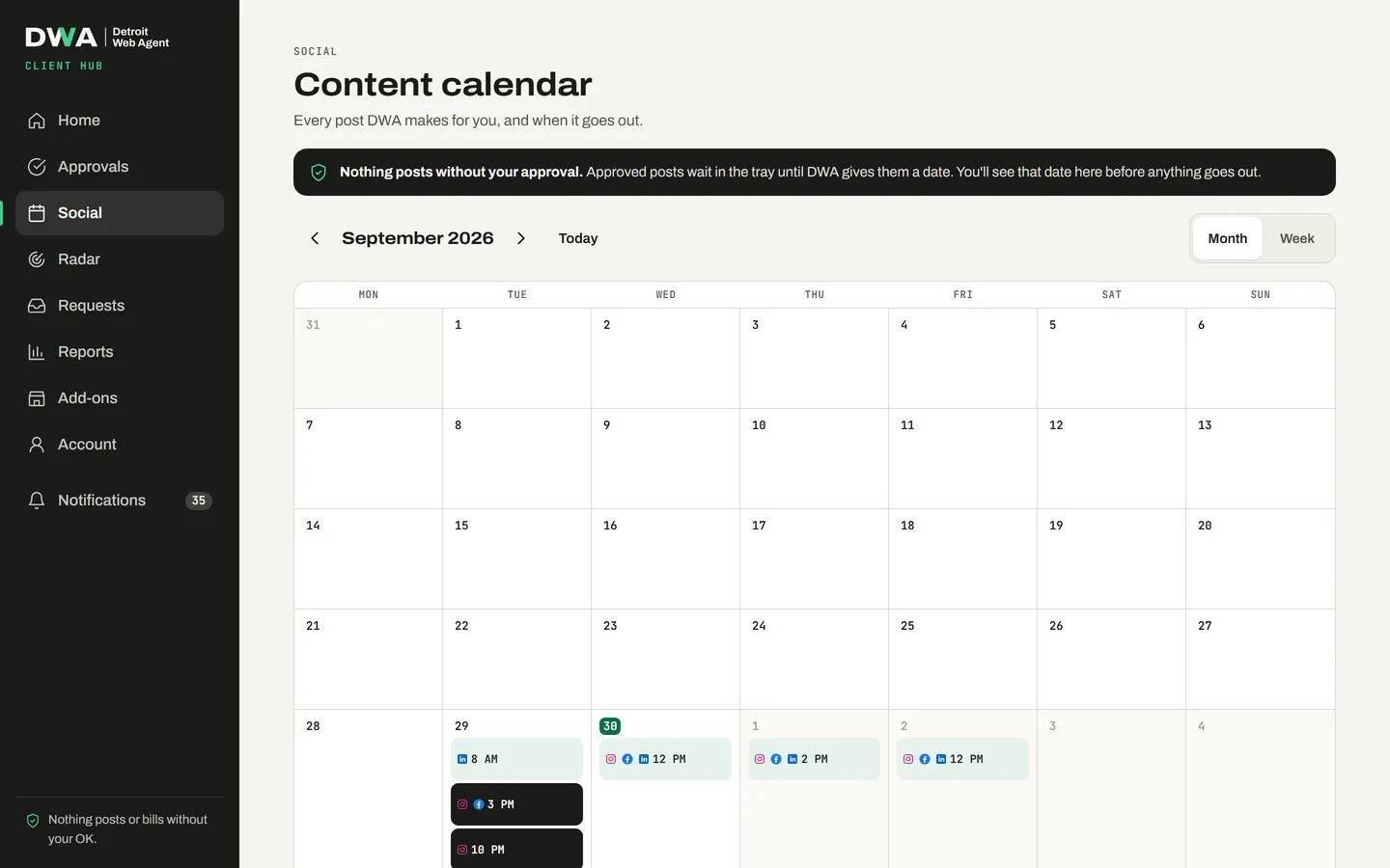 The content calendar on desktop, month view, with the note 'Nothing posts without your approval.'