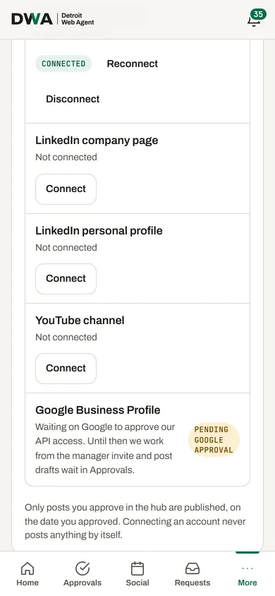 Social accounts on a phone: Facebook connected with Reconnect and Disconnect, LinkedIn and YouTube with Connect buttons, Google Business Profile pending Google approval.