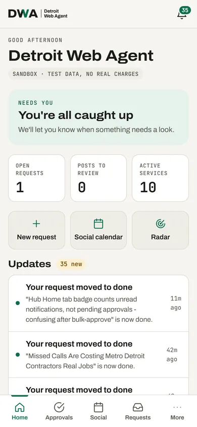 The Client Hub home screen on a phone: all caught up, open requests, posts to review, active services, and recent updates.