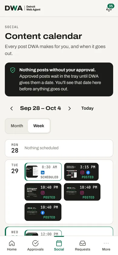 The content calendar on a phone, week view, with scheduled and posted items.