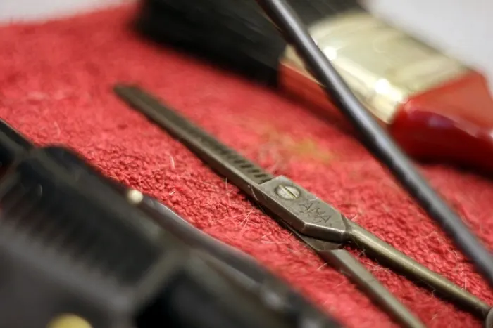 Shears and a neck brush on a red towel